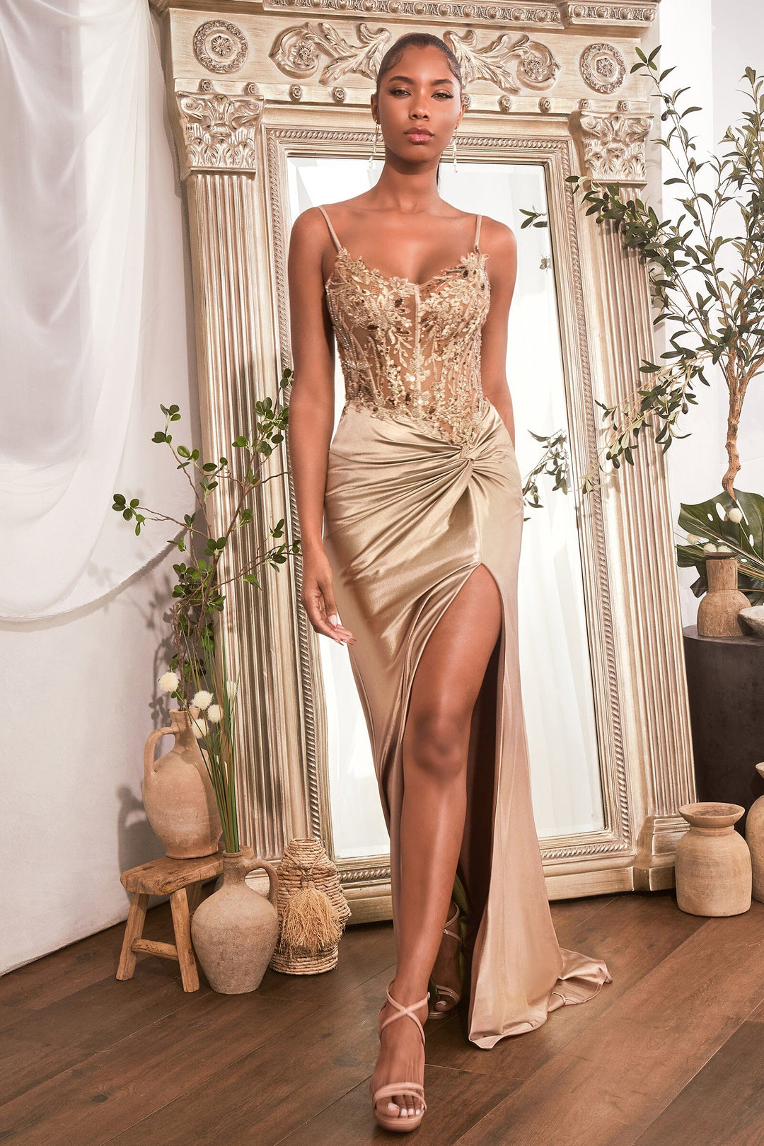 Beaded Satin Sleeveless Slit Gown by Ladivine CD0176