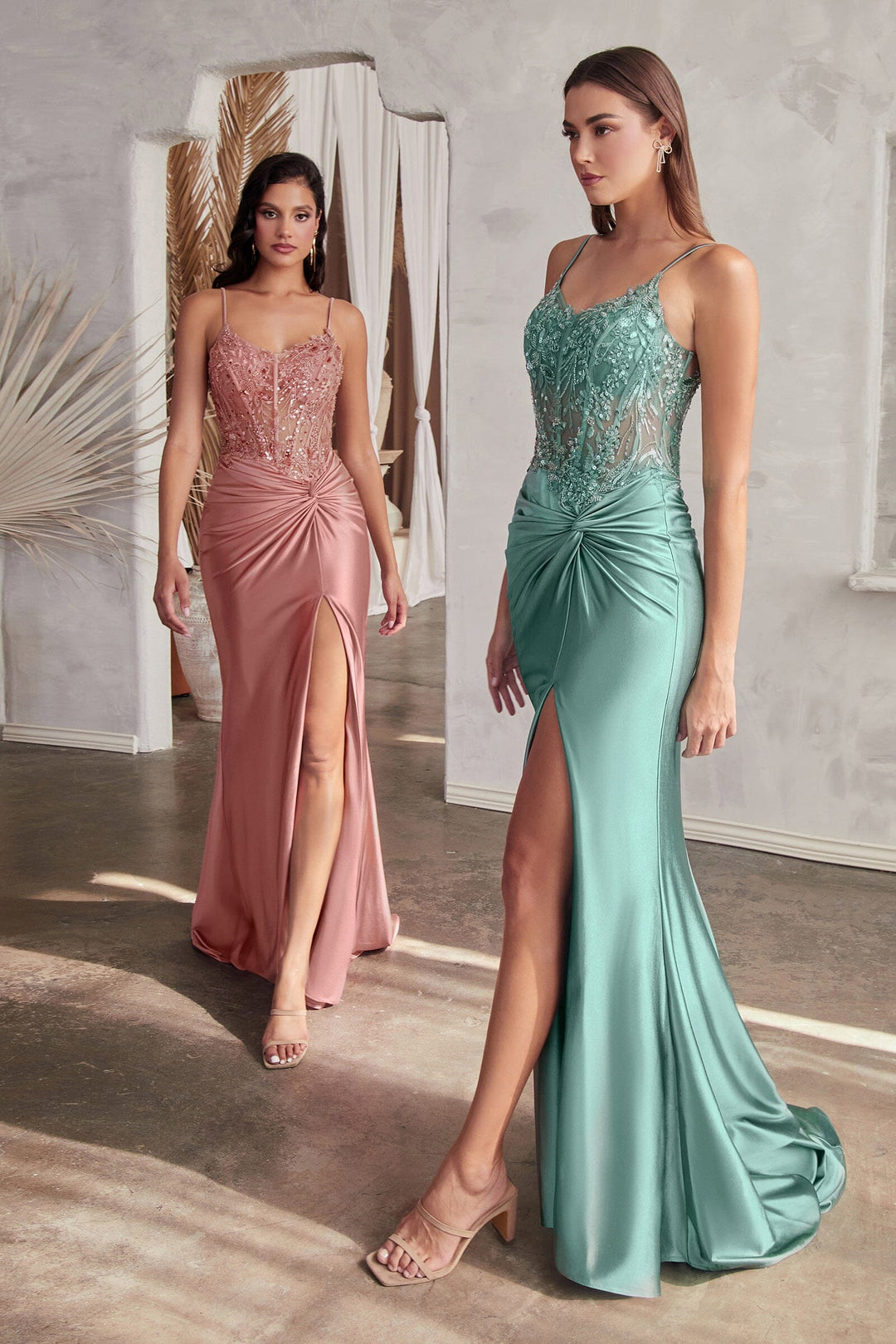 Beaded Satin Sleeveless Slit Gown by Ladivine CD0176