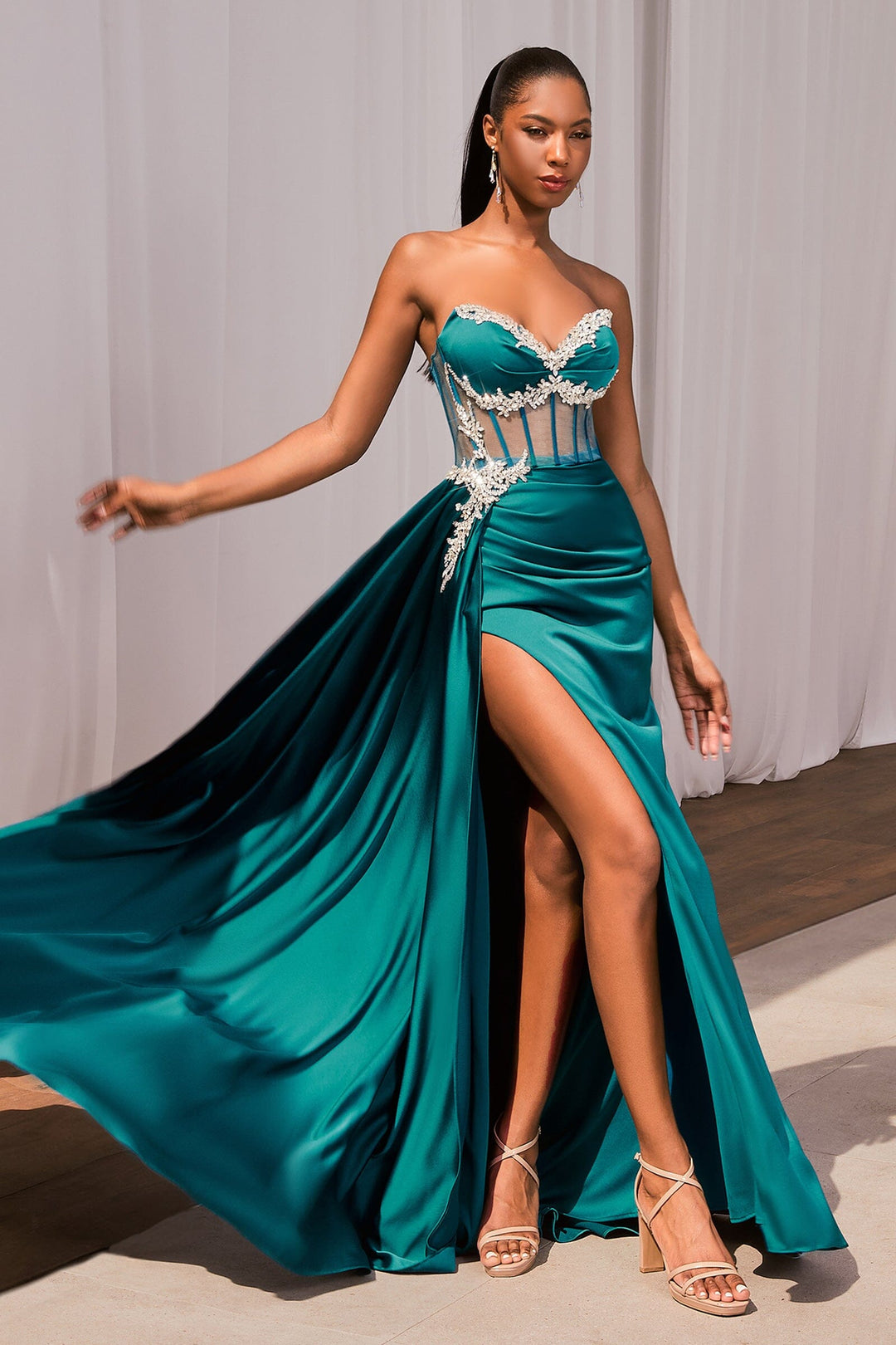 Beaded Satin Strapless Corset Slit Gown by Ladivine CD343