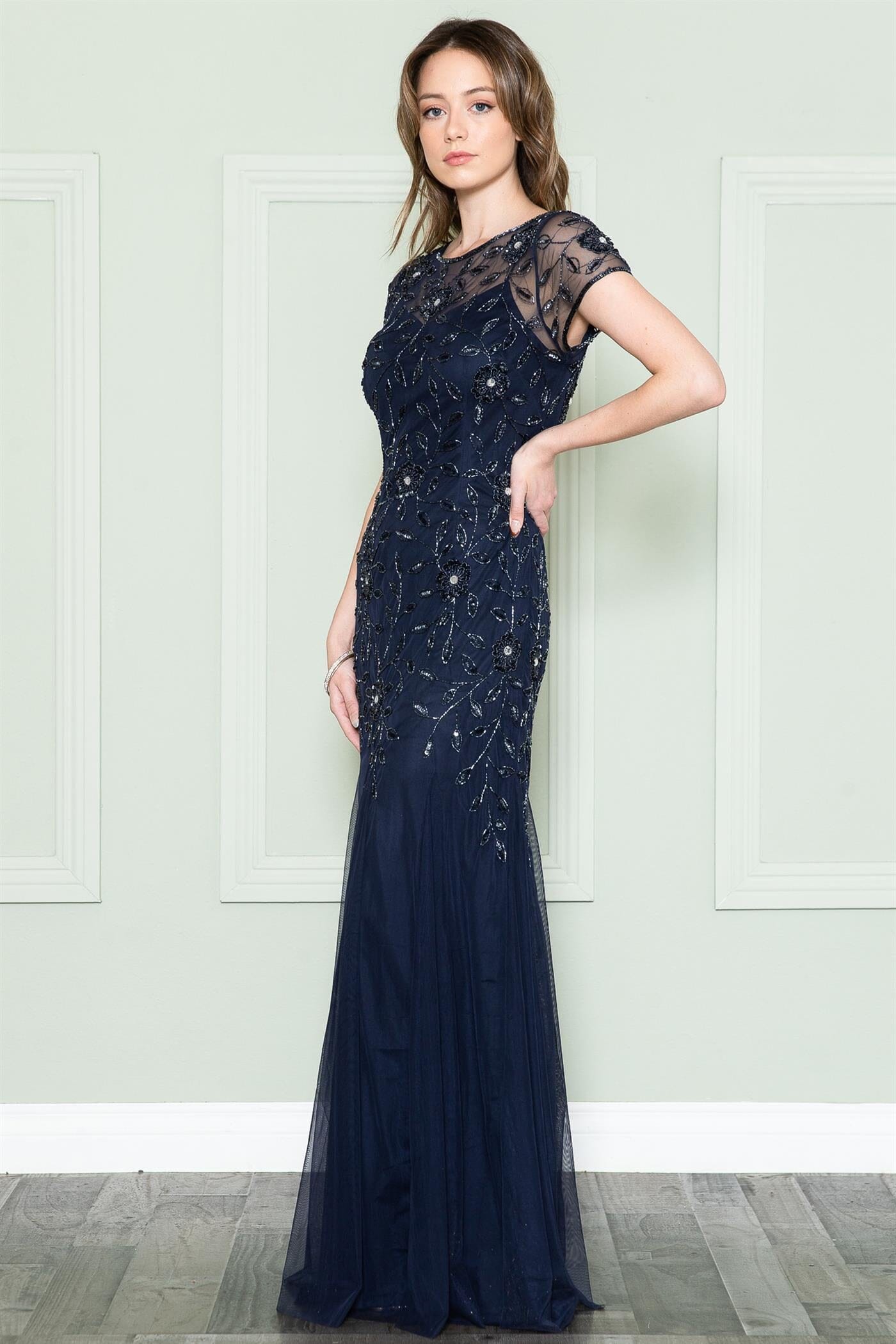 Beaded Short Sleeve Mesh Gown by Amelia Couture IN002 6 Black