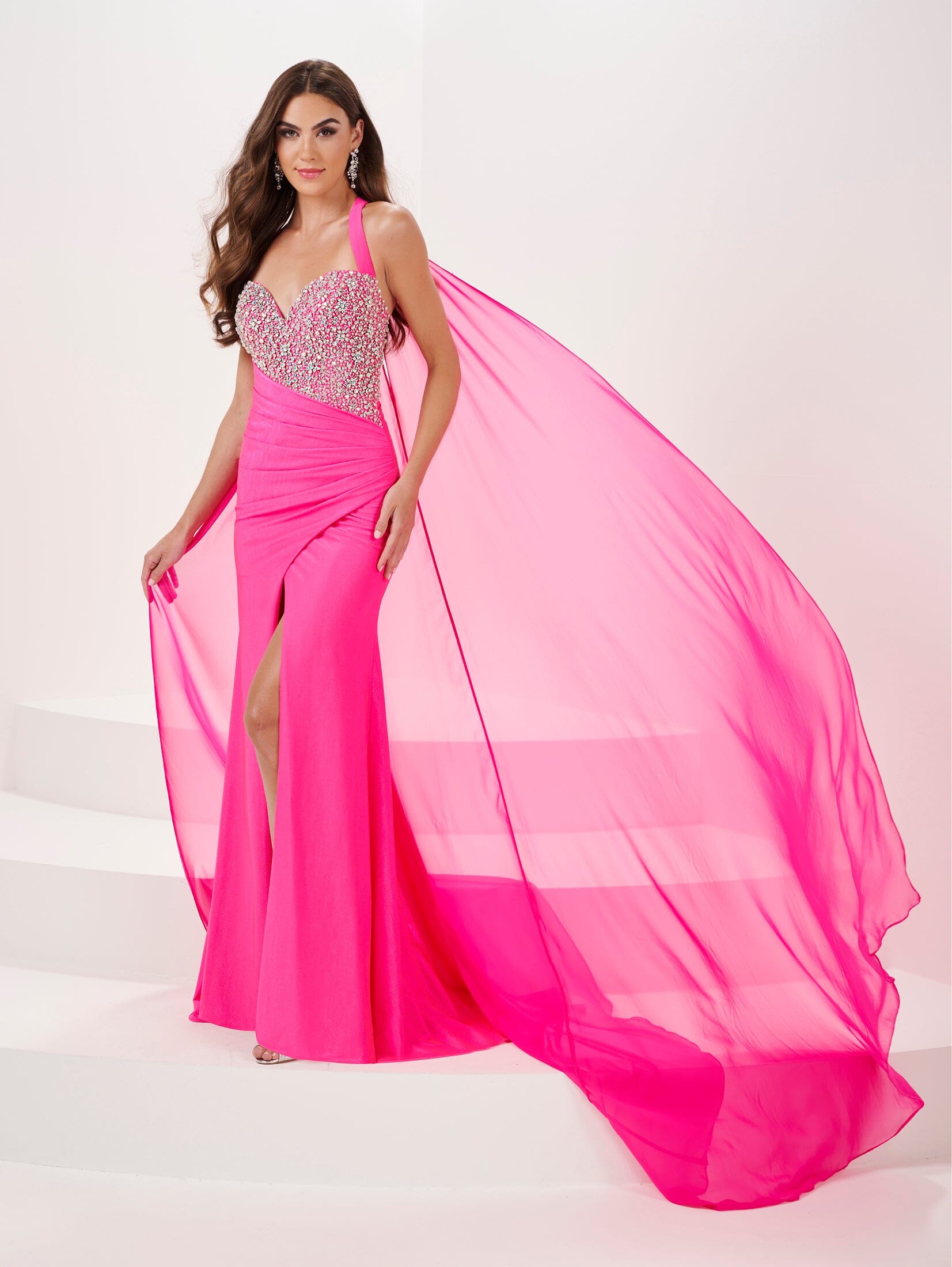 Beaded Spandex Halter Cape Slit Gown by Panoply 14175