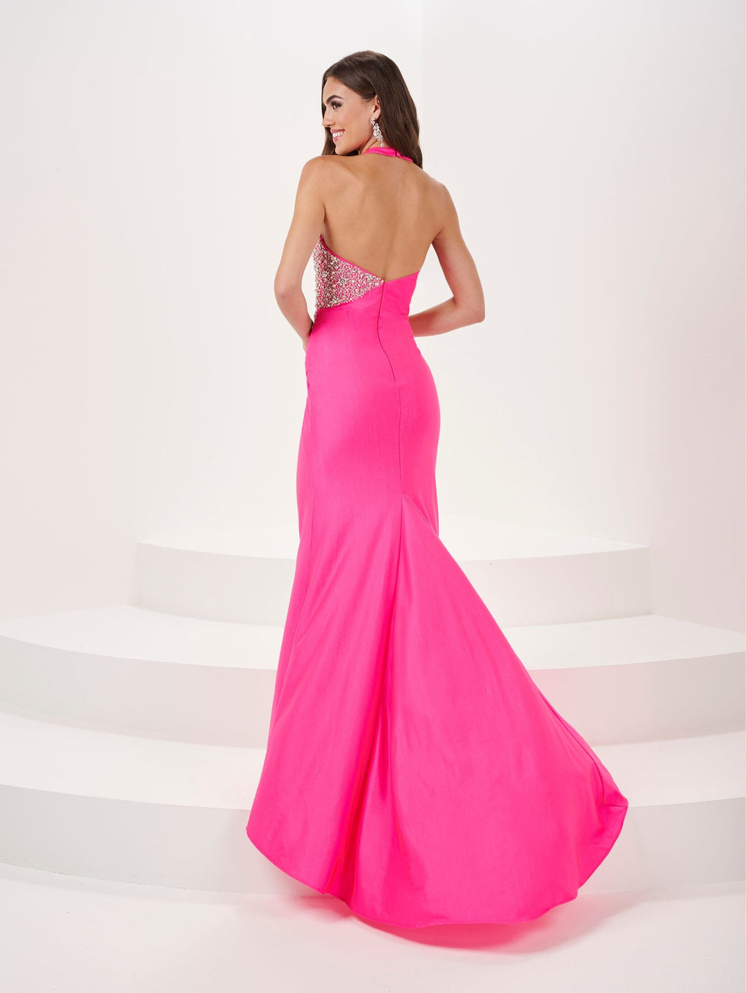 Beaded Spandex Halter Cape Slit Gown by Panoply 14175