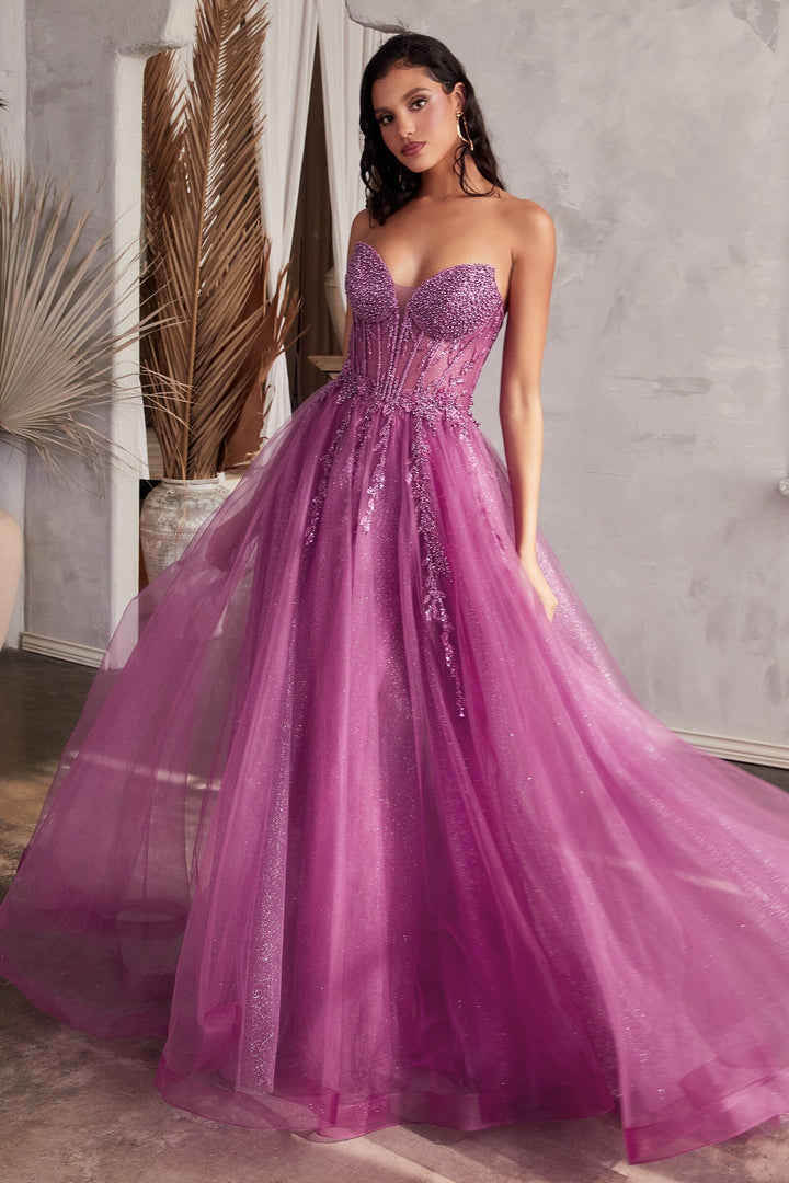 Beaded Strapless Tulle Slit Gown by Ladivine CD0230