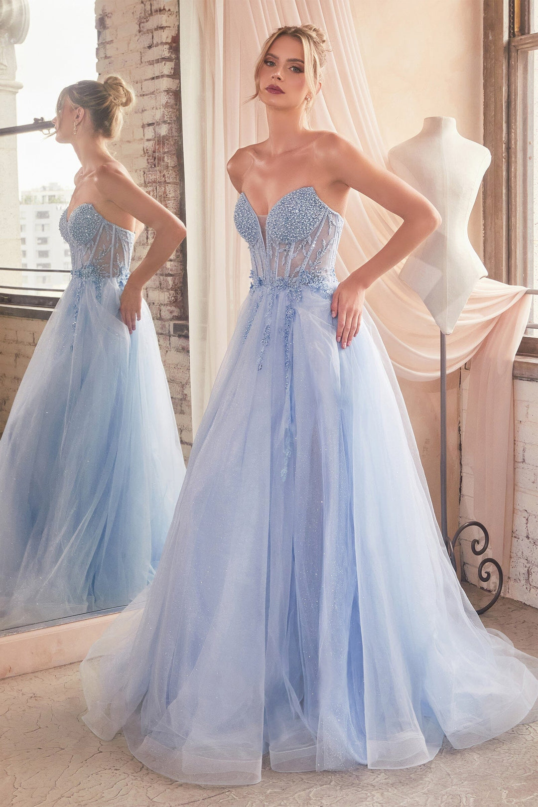 Beaded Strapless Tulle Slit Gown by Ladivine CD0230