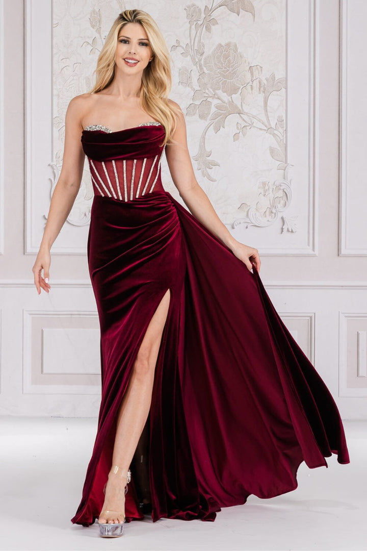 Beaded Strapless Velvet Slit Gown by Amelia Couture 5051 - Outlet