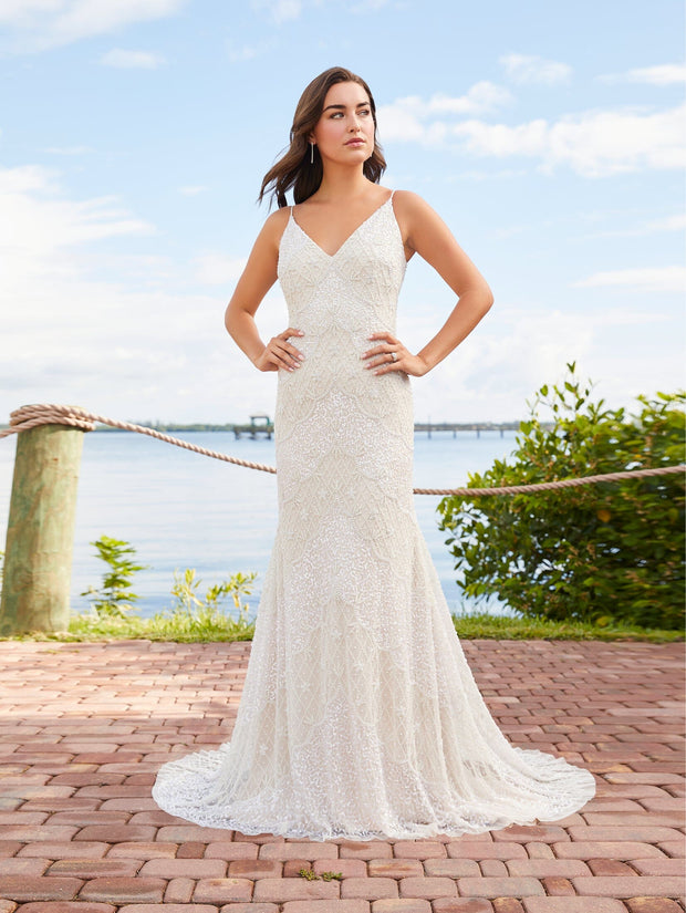 Beaded V Neck Wedding Dress by Adrianna Papell 40359 ABC Fashion