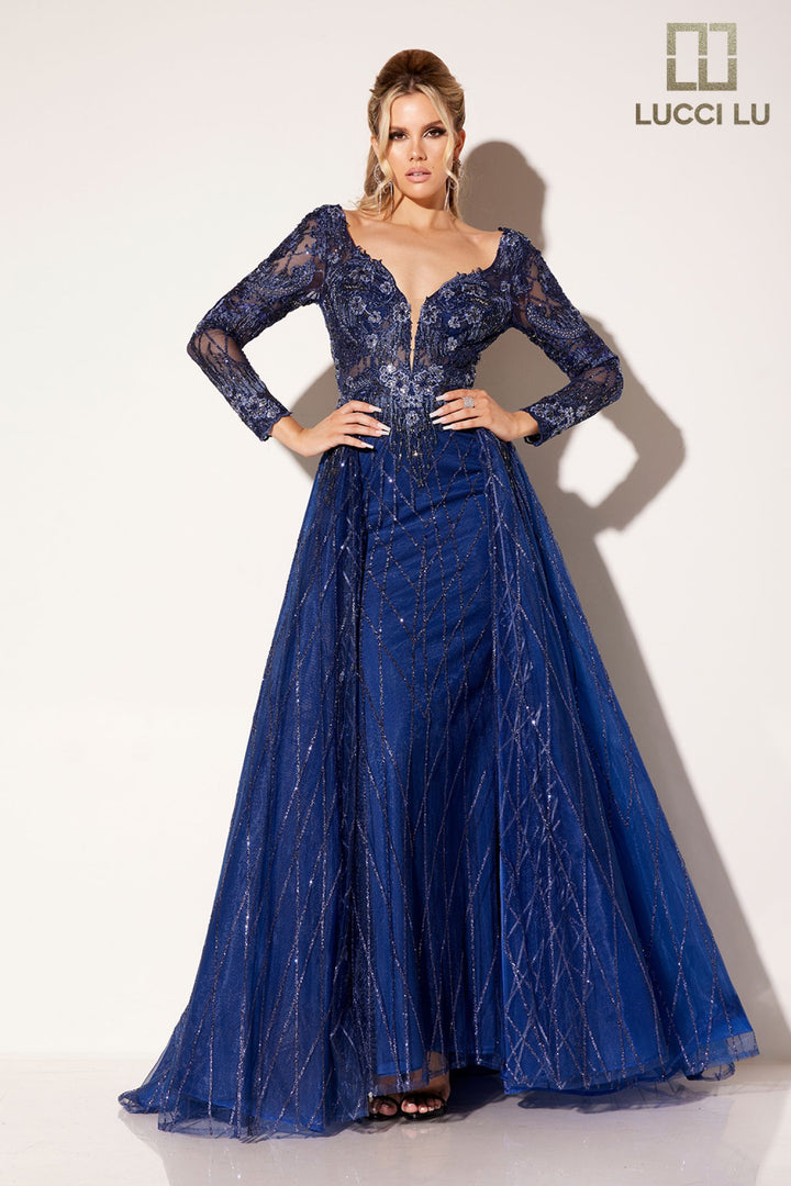 Embroidered Long Sleeve A-line Gown by Lucci Lu C8076