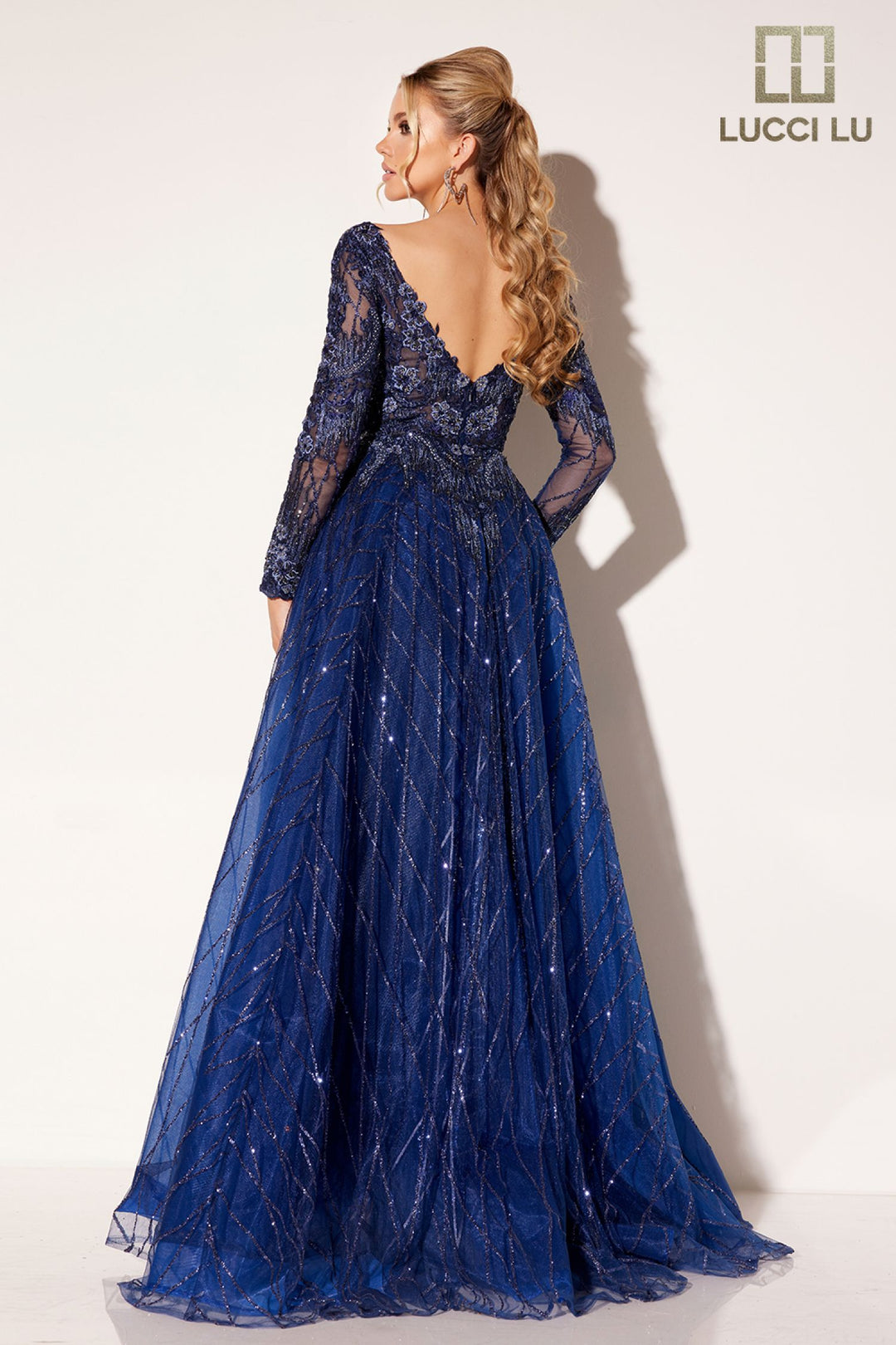 Embroidered Long Sleeve A-line Gown by Lucci Lu C8076