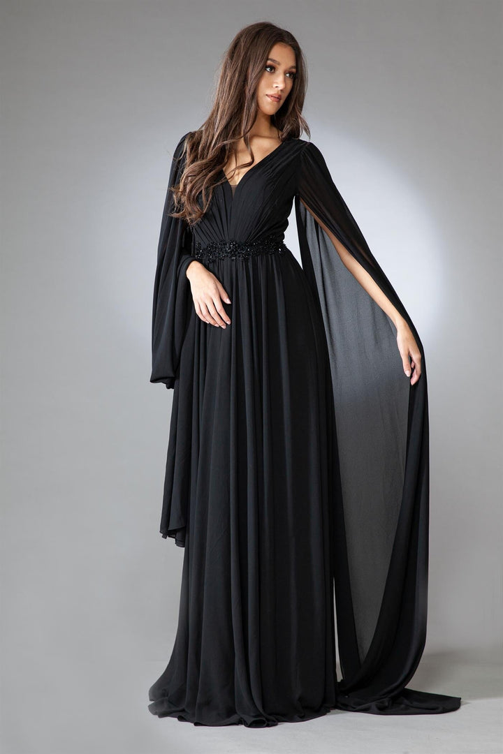 Cape Sleeve V-Neck Chiffon Gown by Amelia Couture AC0011