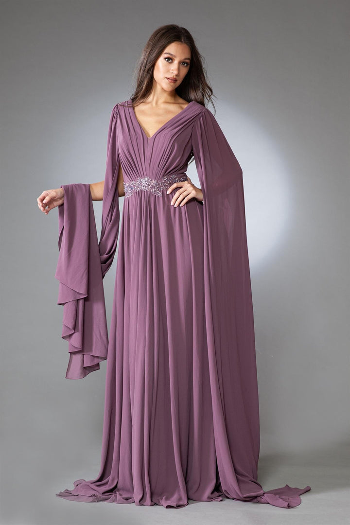 Cape Sleeve V-Neck Chiffon Gown by Amelia Couture AC0011