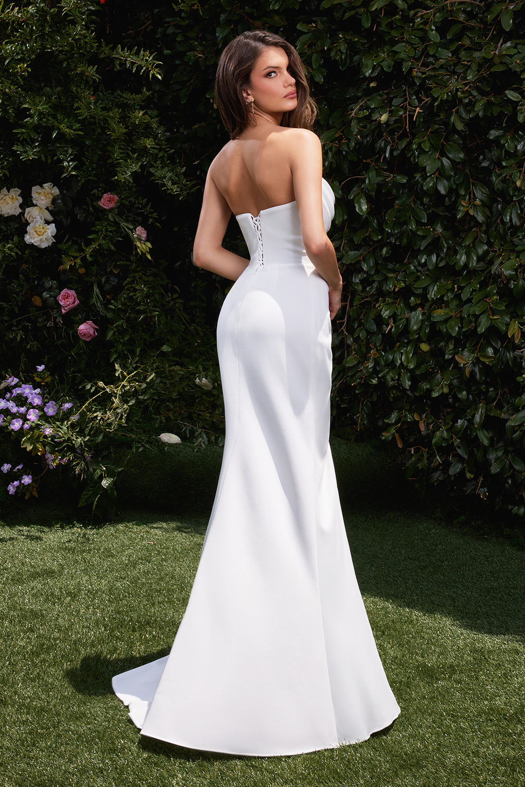 White Chiffon Strapless Slit Gown by Ladivine CD355W