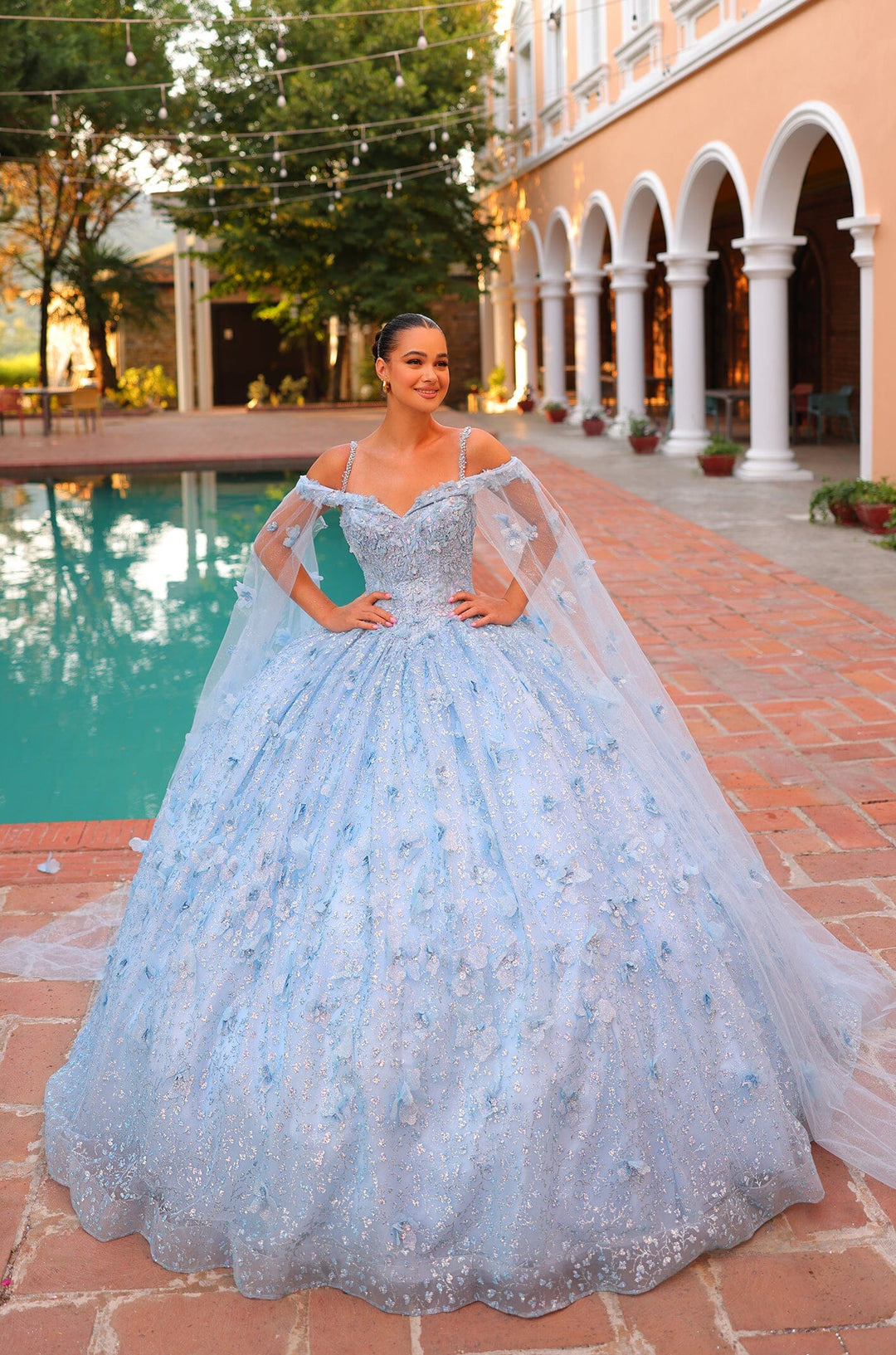 Cold Shoulder Cape Sleeve Quinceanera Dress by Amarra 54308