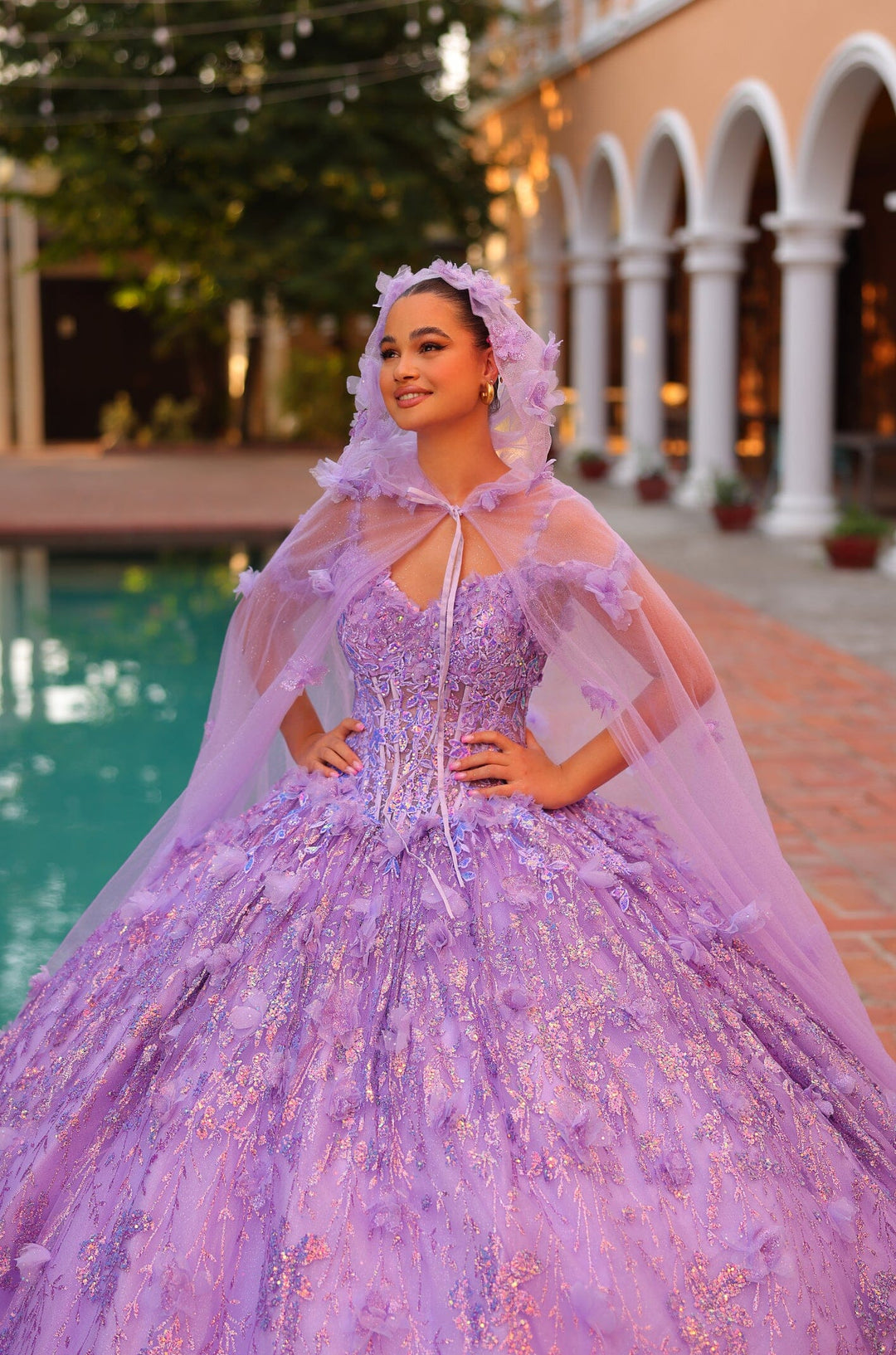 Cold Shoulder Corset Cloak Quinceanera Dress by Amarra 54320