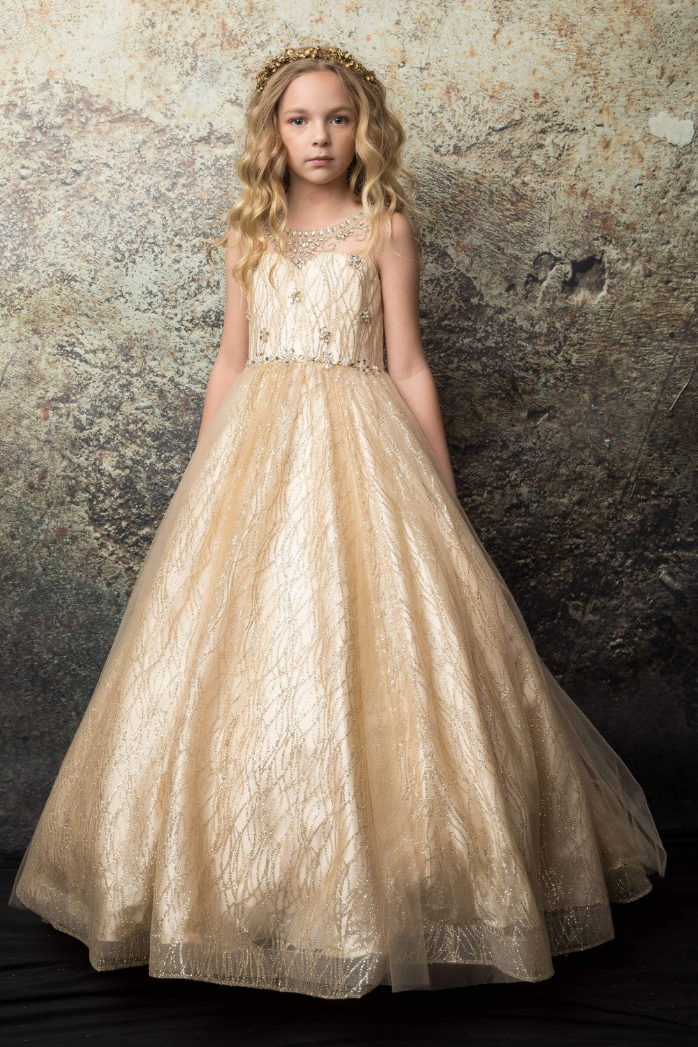 Girls Beaded Sleeveless Glitter Gown by Petite Adele C334