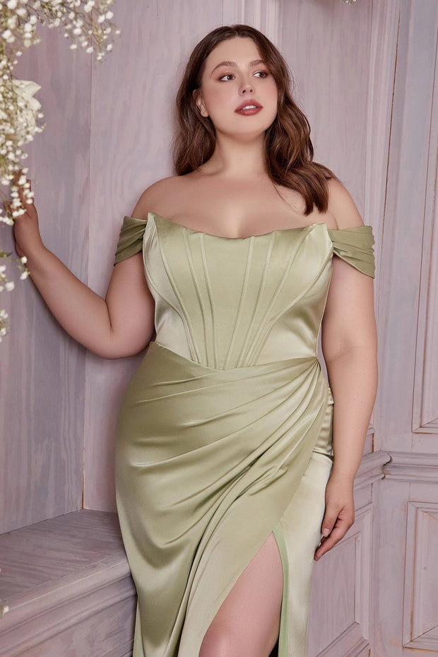 Cinderella Divine Plus Size Olive Divine Satin Corset Off-Shoulder Prom  Dress