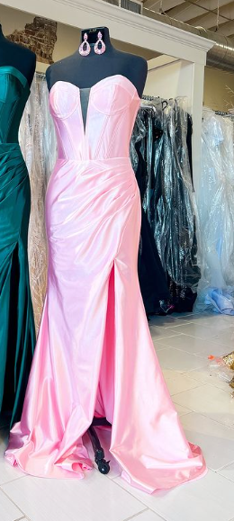 Satin Fitted Strapless Slit Gown by Jovani 37515