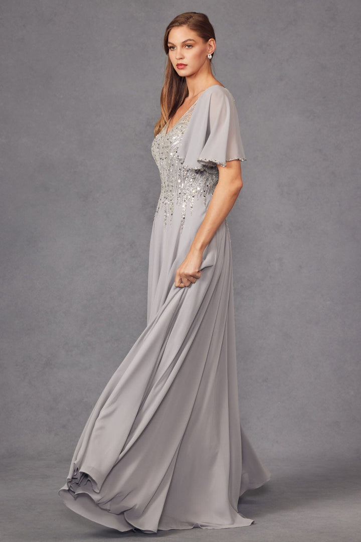 Embellished Chiffon Flutter Sleeve A-line Gown by Juliet JTM14F