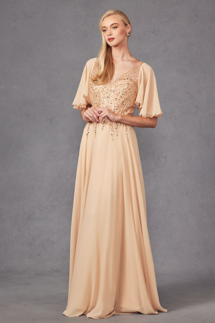 Embellished Chiffon Flutter Sleeve A-line Gown by Juliet JTM14F