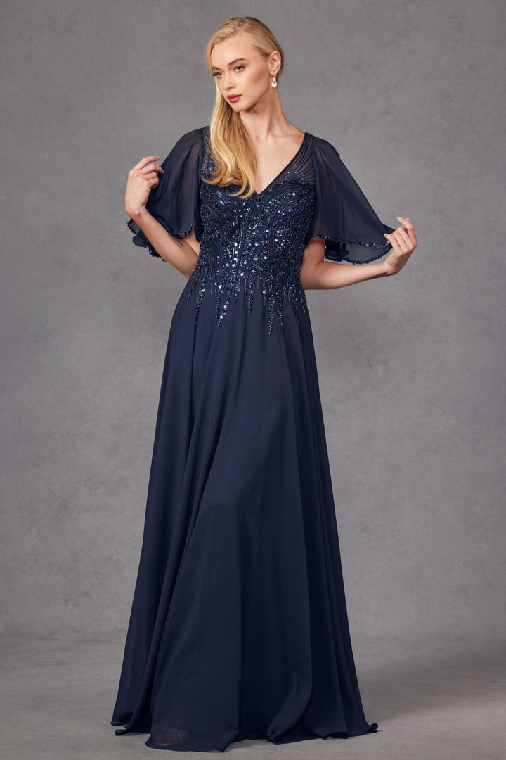 Embellished Chiffon Flutter Sleeve A-line Gown by Juliet JTM14F