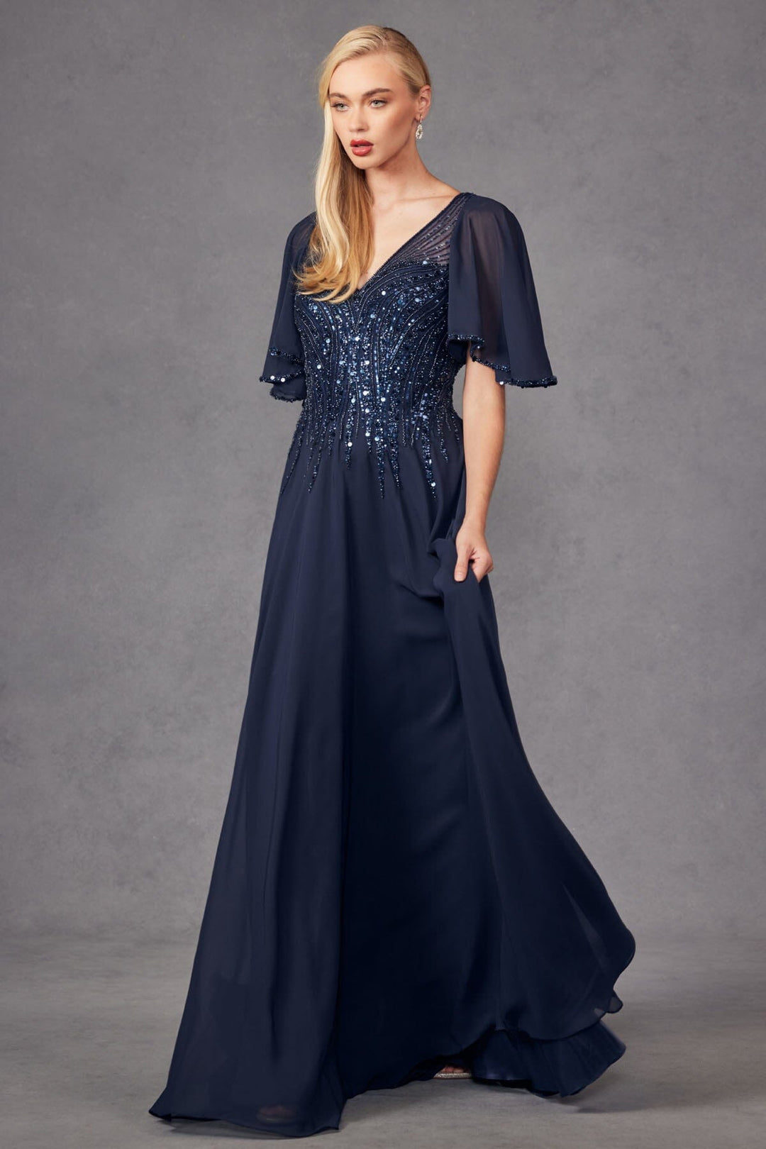 Embellished Chiffon Flutter Sleeve A-line Gown by Juliet JTM14F