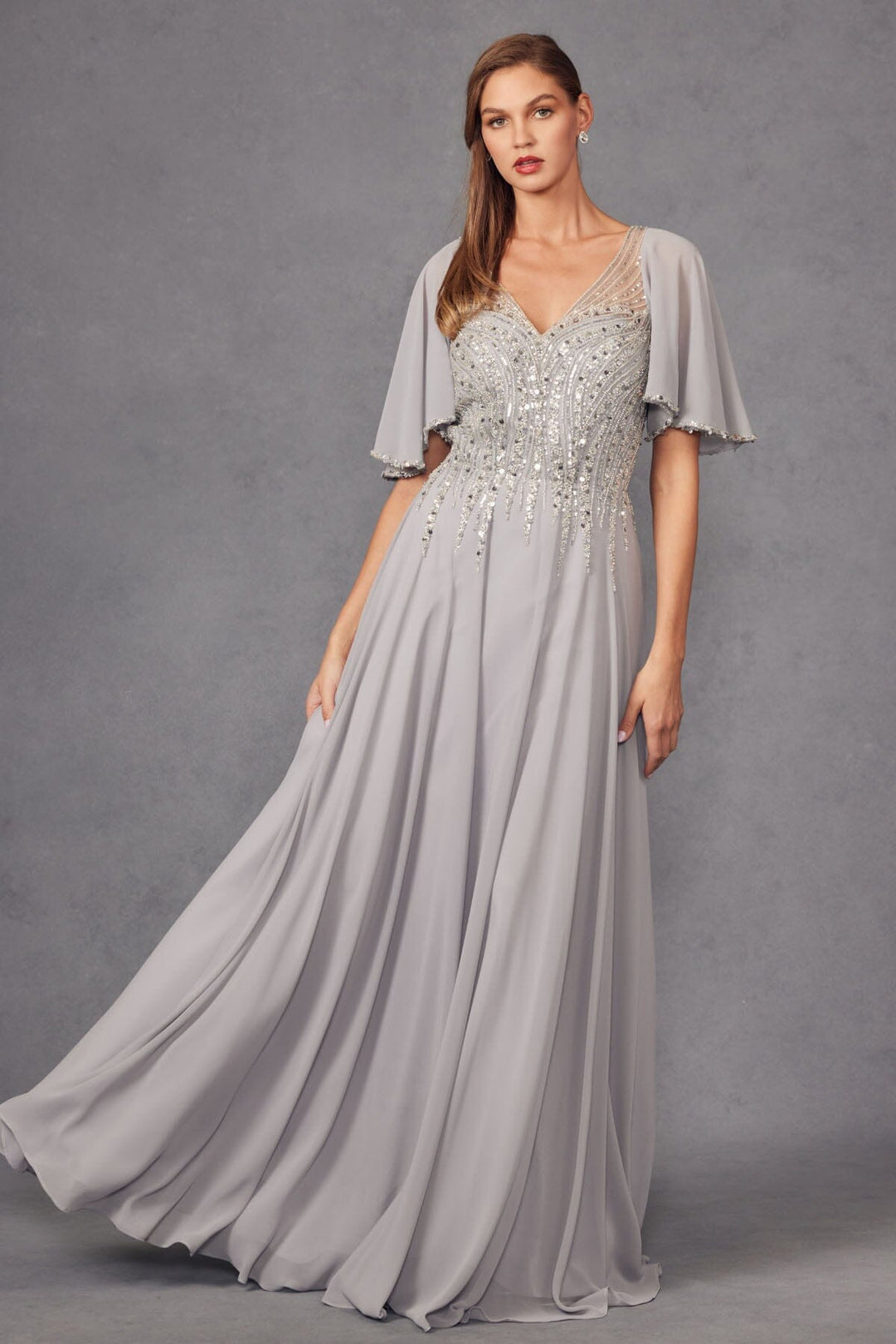 Embellished Chiffon Flutter Sleeve A-line Gown by Juliet JTM14F