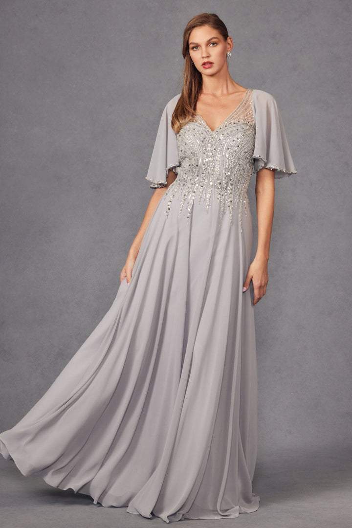 Embellished Chiffon Flutter Sleeve A-line Gown by Juliet JTM14F