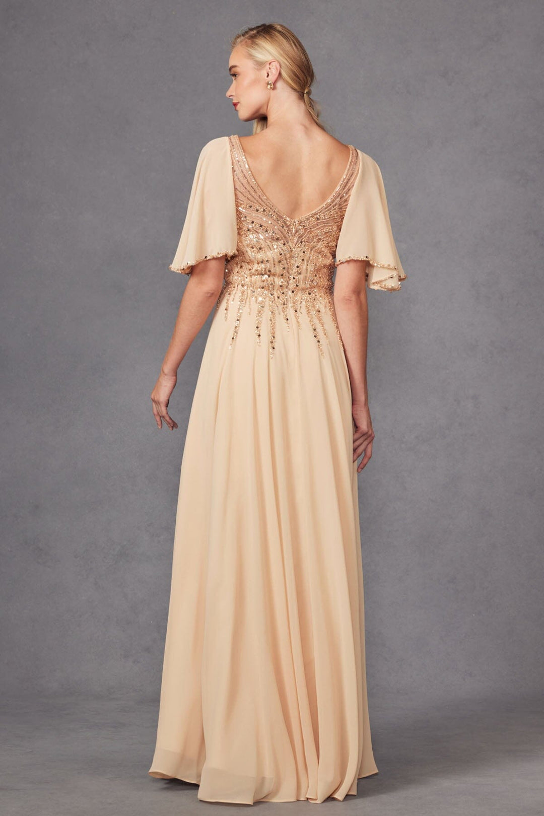 Embellished Chiffon Flutter Sleeve A-line Gown by Juliet JTM14F