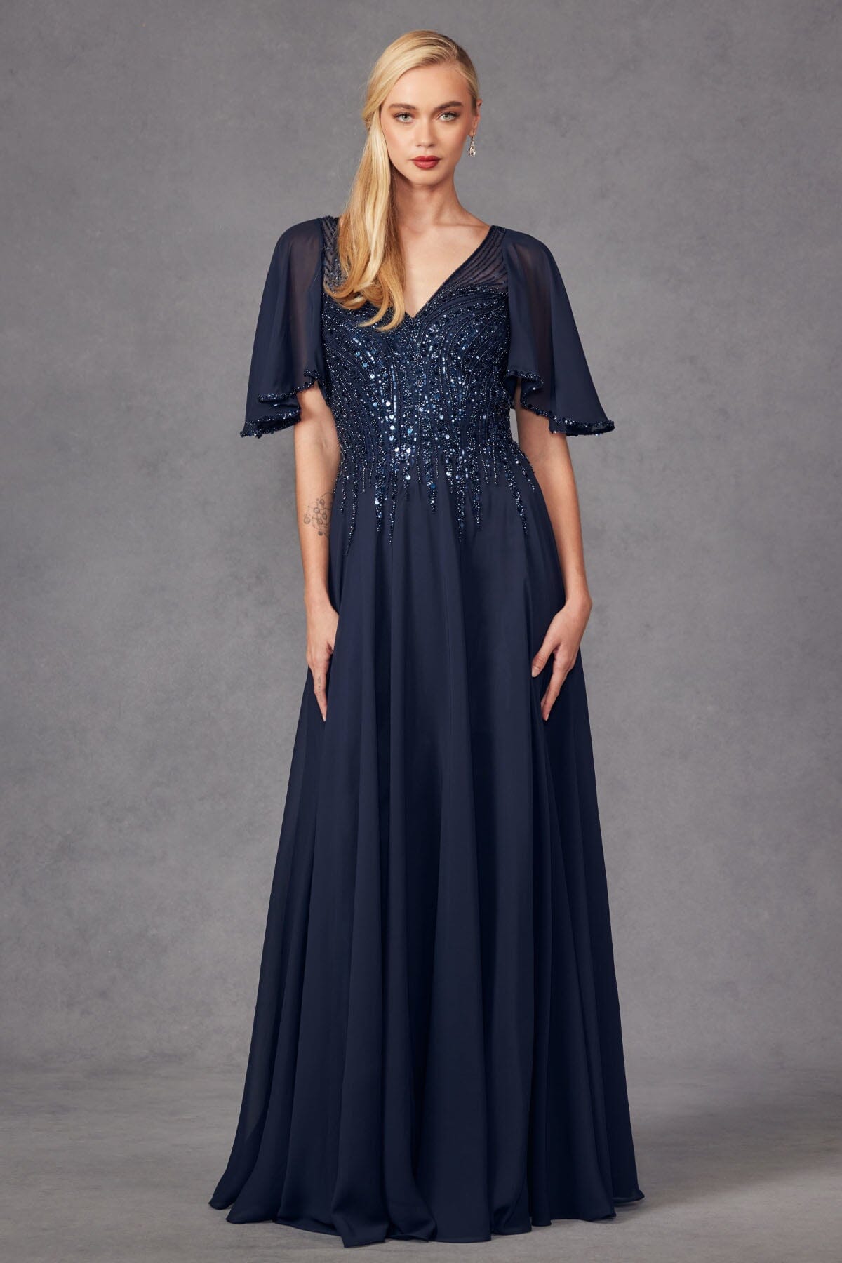 Embellished Chiffon Flutter Sleeve A line Gown by Juliet JTM14F