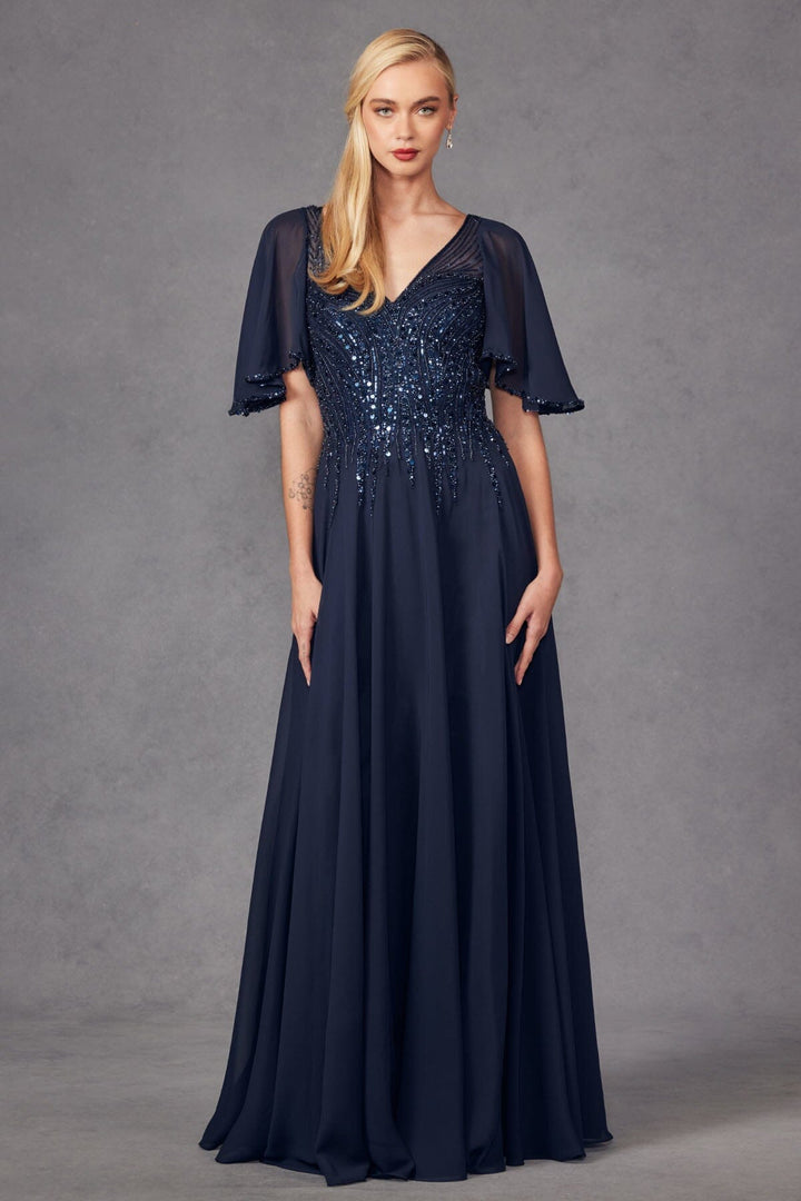 Embellished Chiffon Flutter Sleeve A-line Gown by Juliet JTM14F