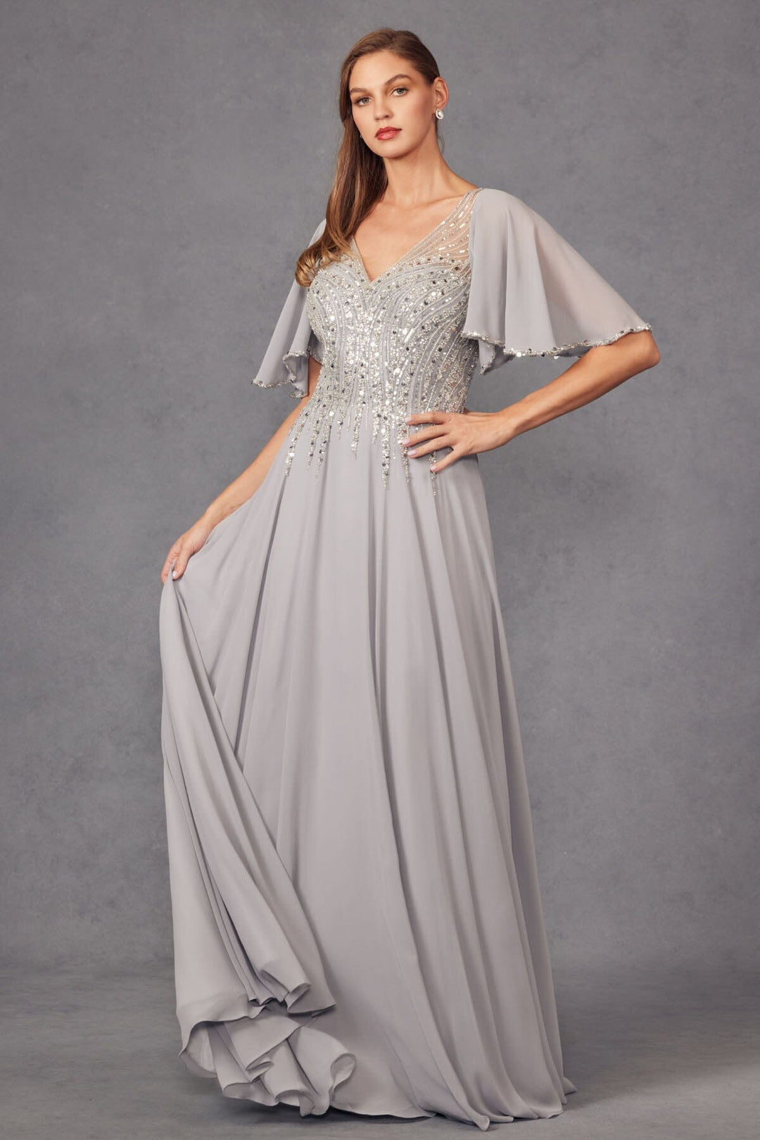 Embellished Chiffon Flutter Sleeve A-line Gown by Juliet JTM14F