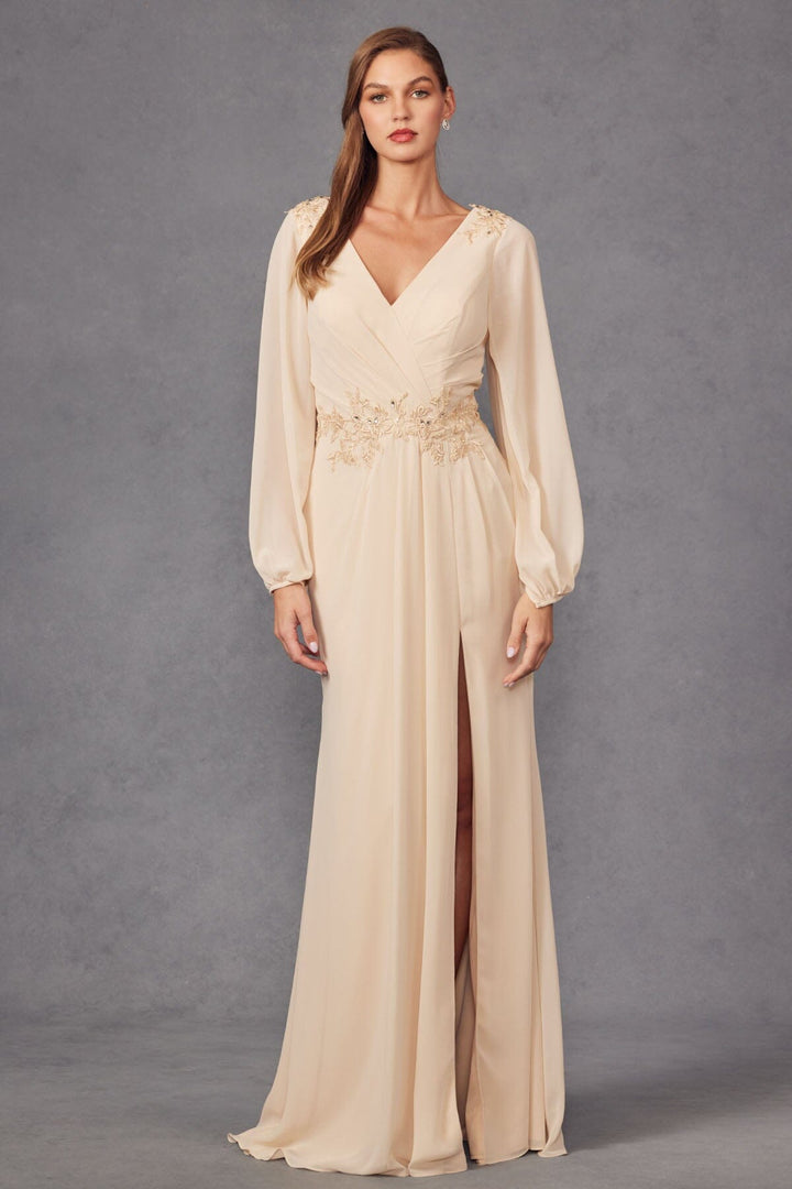 Embroidered Long Sleeve A-line Slit Gown by Juliet JTM16A