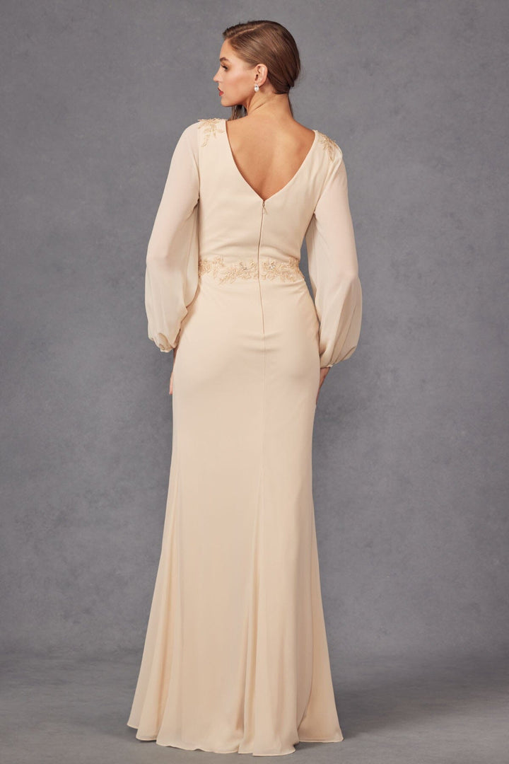 Embroidered Long Sleeve A-line Slit Gown by Juliet JTM16A