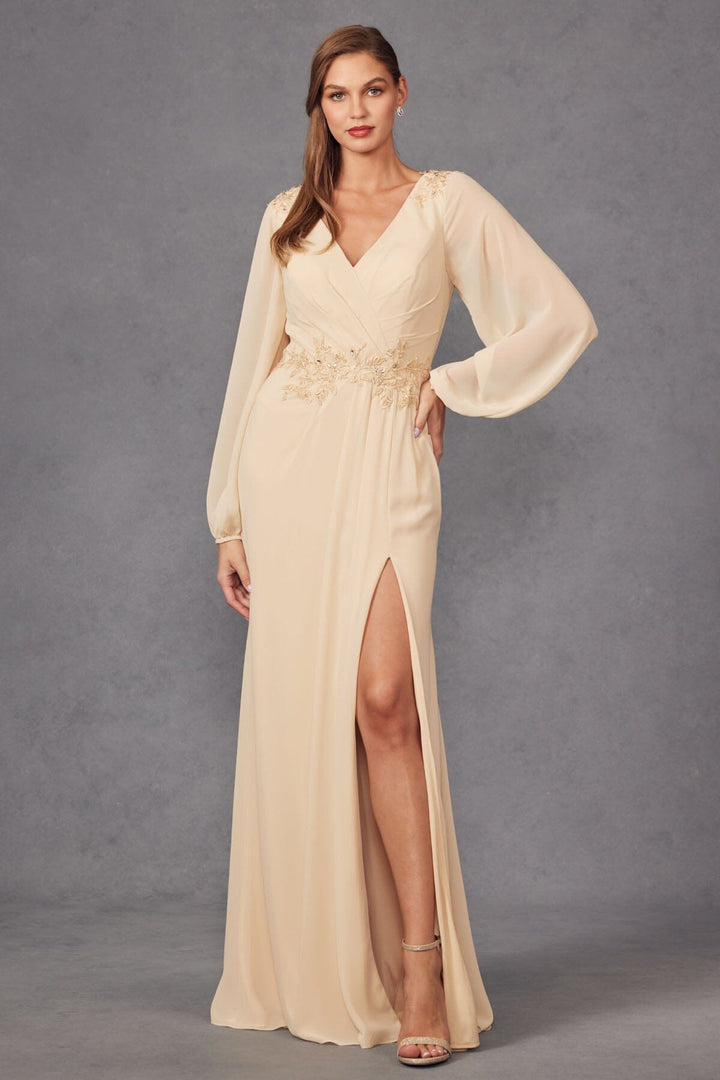 Embroidered Long Sleeve A-line Slit Gown by Juliet JTM16A