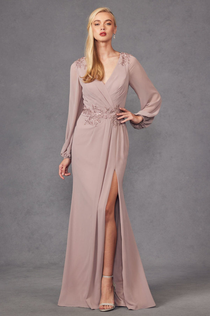 Embroidered Long Sleeve A-line Slit Gown by Juliet JTM16A