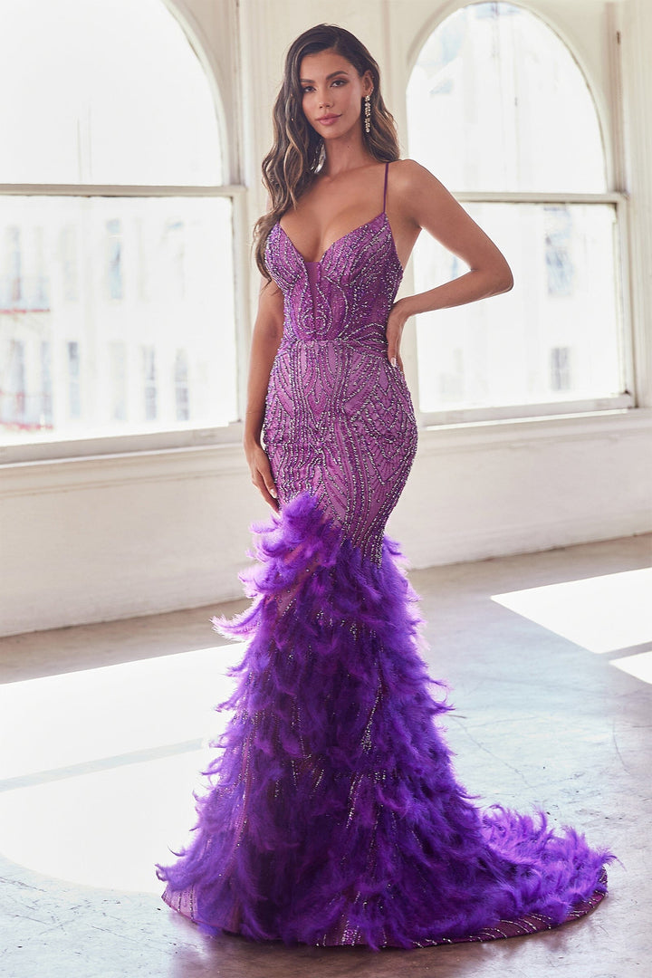 Feather Beaded Sleeveless Mermaid Dress by Ladivine CC2308