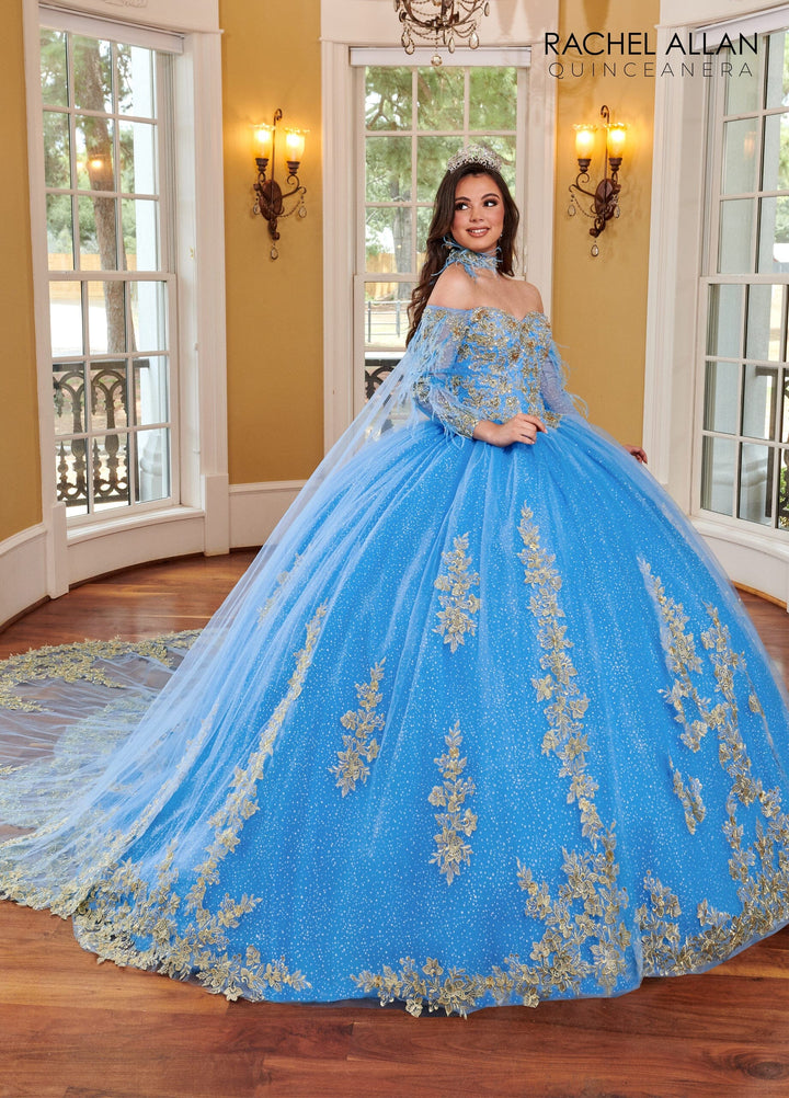 Feather Cape Sleeve Quinceanera Dress by Rachel Allan RQ2167