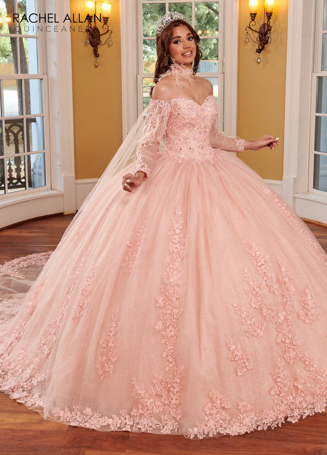 Feather Cape Sleeve Quinceanera Dress by Rachel Allan RQ2167