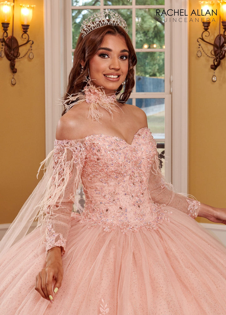 Feather Cape Sleeve Quinceanera Dress by Rachel Allan RQ2167