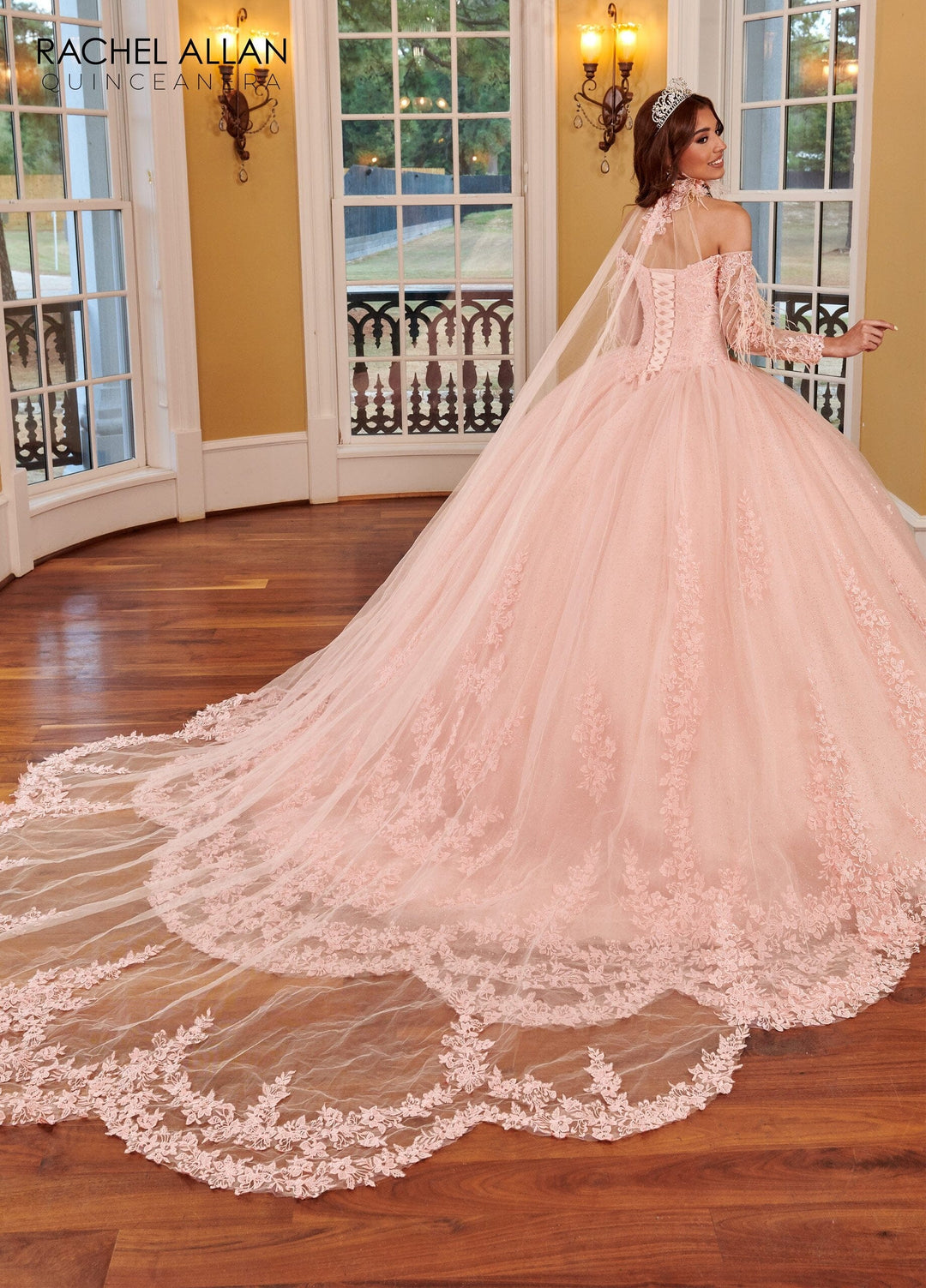 Feather Cape Sleeve Quinceanera Dress by Rachel Allan RQ2167