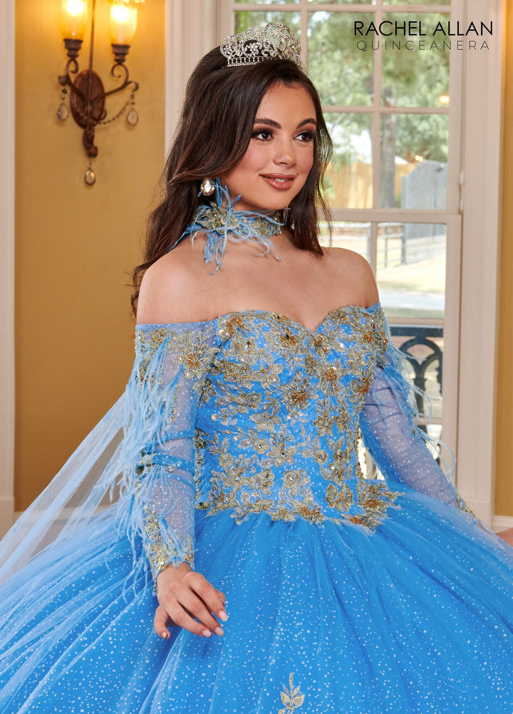 Feather Cape Sleeve Quinceanera Dress by Rachel Allan RQ2167