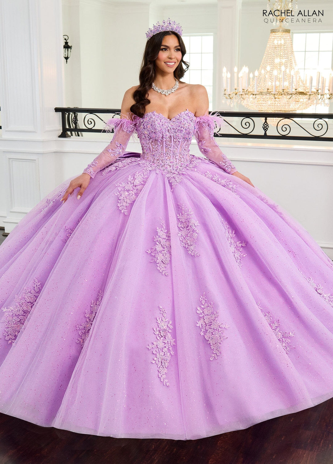 Feather Long Sleeve Quinceanera Dress by Rachel Allan RQ2171