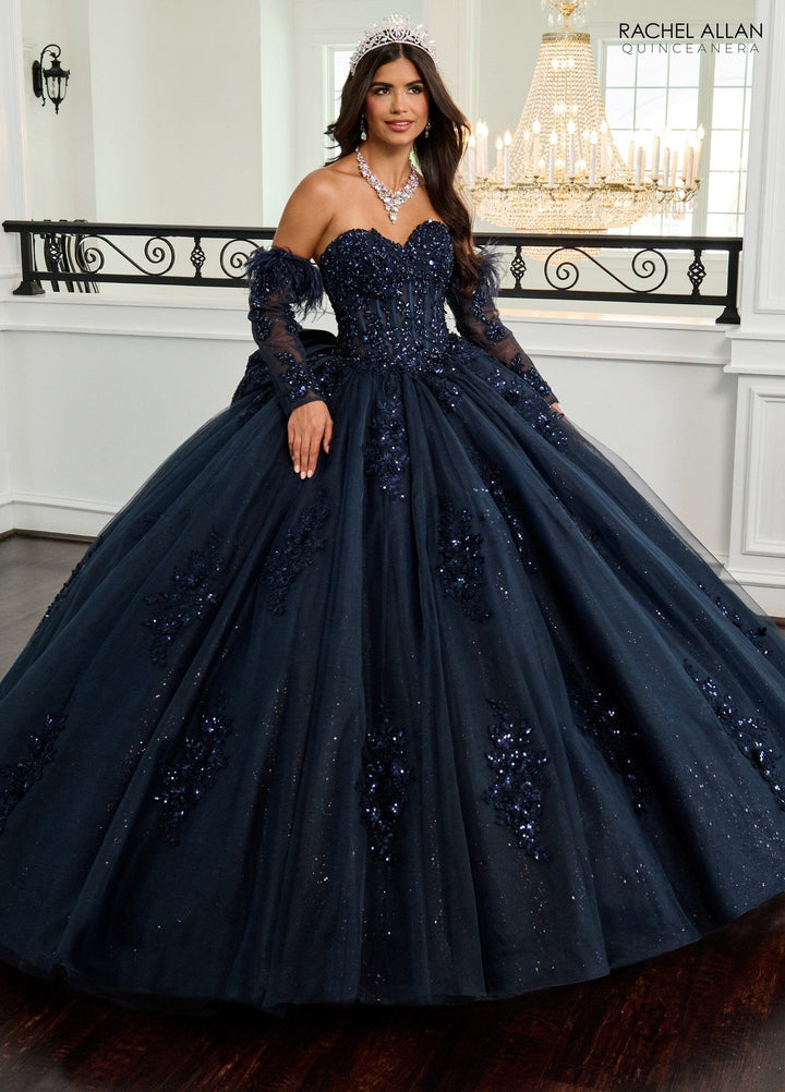 Feather Long Sleeve Quinceanera Dress by Rachel Allan RQ2171