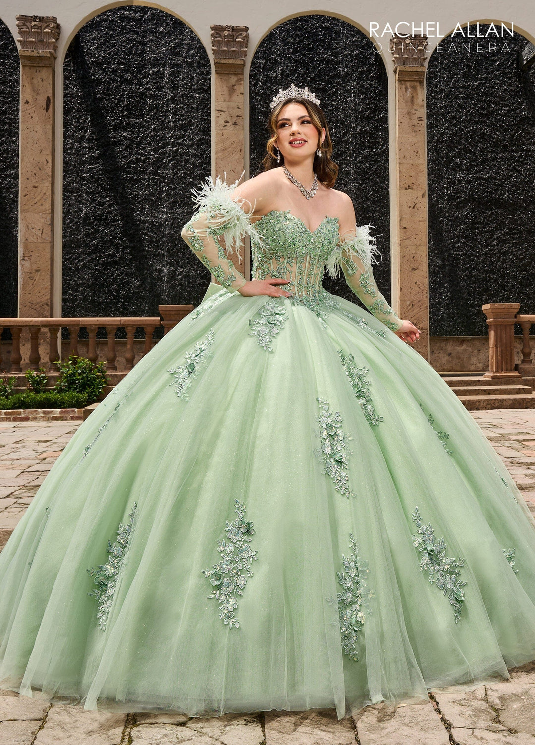 Feather Long Sleeve Quinceanera Dress by Rachel Allan RQ2171