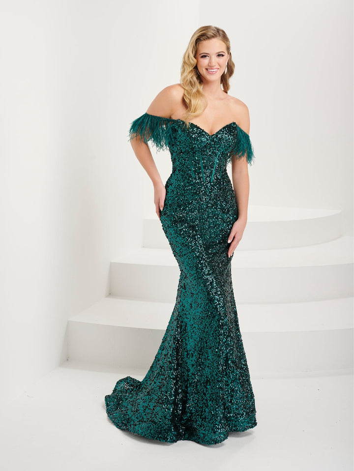 Feather Sequin Sweetheart Gown by Tiffany Designs 16106