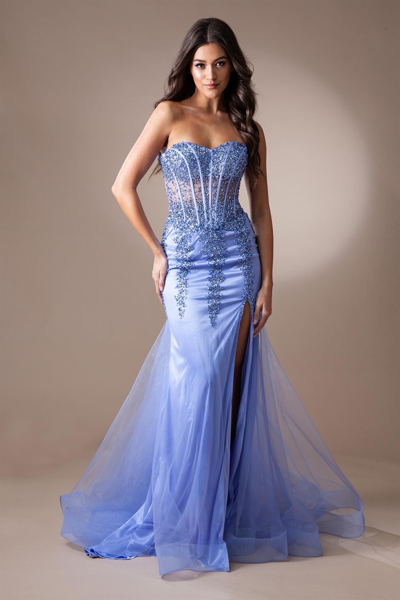 Fitted Beaded Strapless Slit Gown by Amelia Couture 7051 ABC Fashion