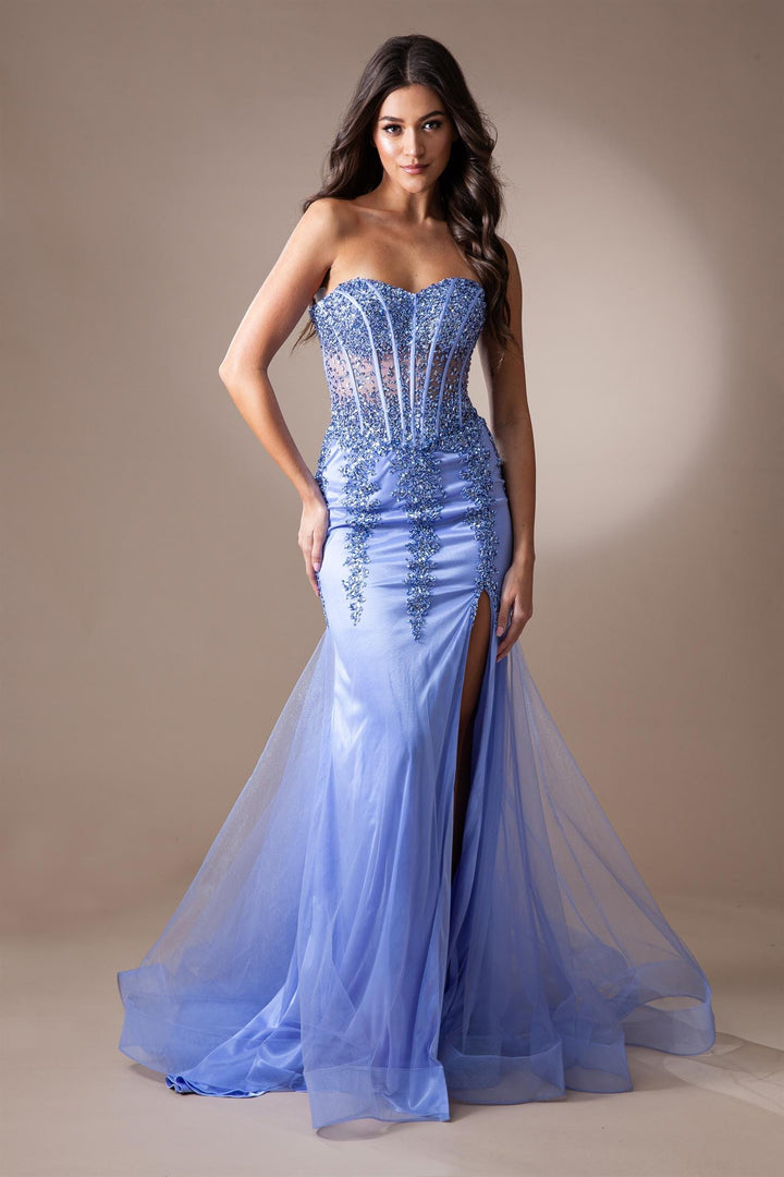 Fitted Beaded Strapless Slit Gown by Amelia Couture 7051