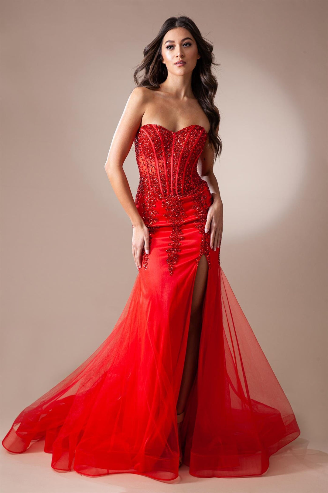 Fitted Beaded Strapless Slit Gown by Amelia Couture 7051