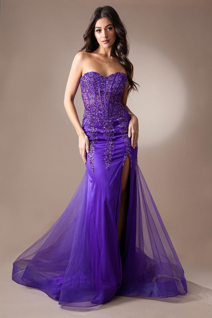 Fitted Beaded Strapless Slit Gown by Amelia Couture 7051