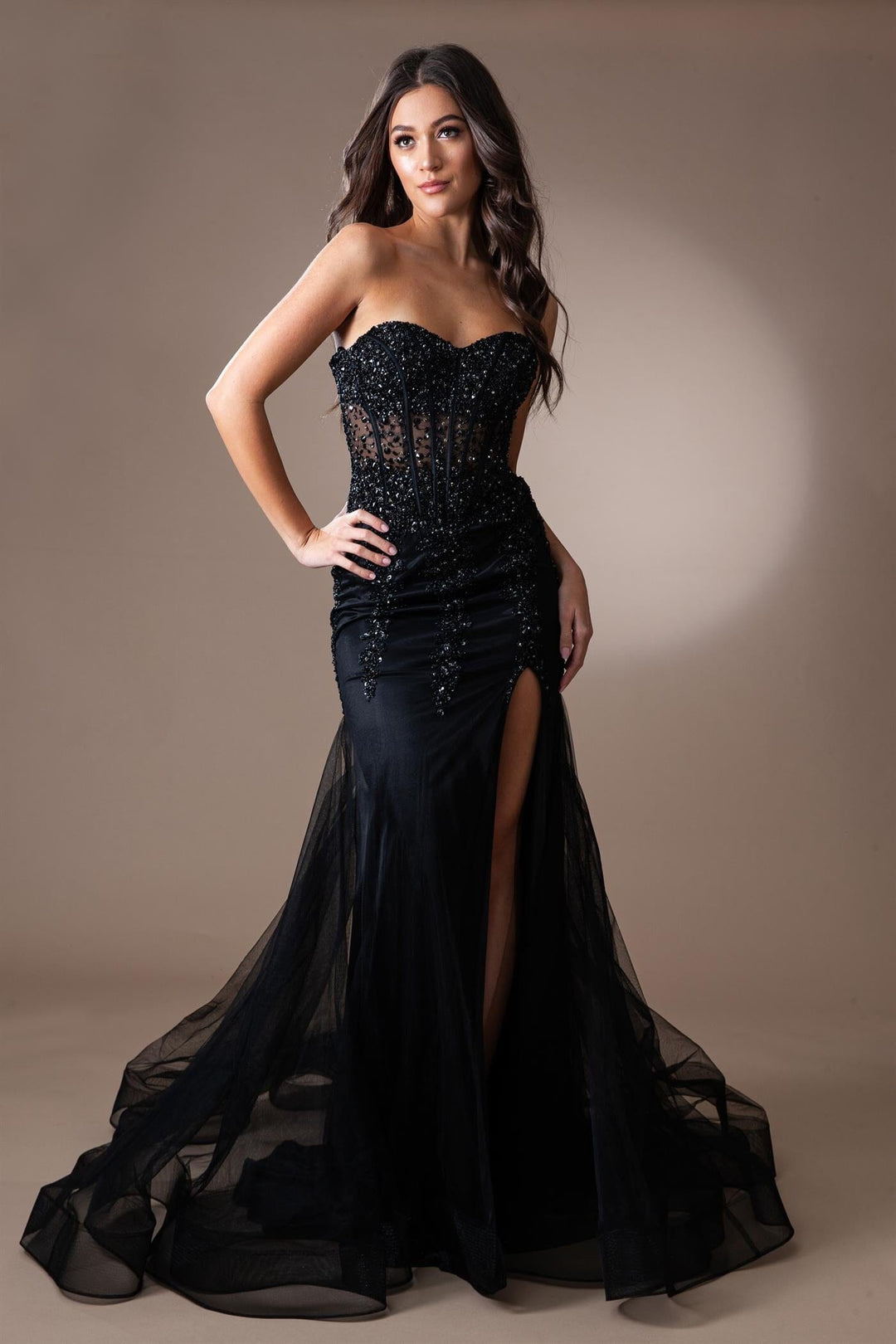 Fitted Beaded Strapless Slit Gown by Amelia Couture 7051