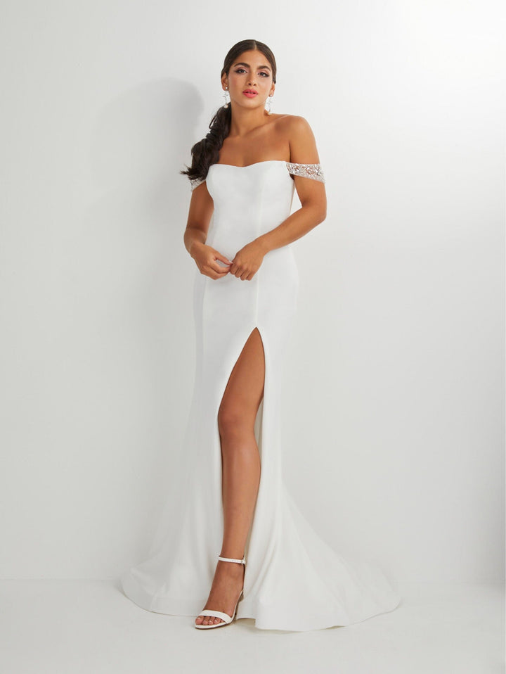 Fitted Crepe Of Shoulder Slit Gown by Studio 17 12907